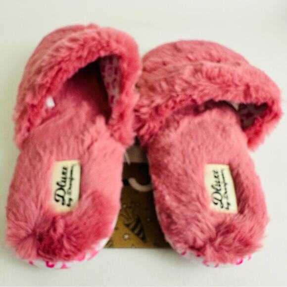 Dluxe By Dearfoams Women Plush Be Mine Slide Slipper Pink Faux Fur Flat Sz L - Picture 6 of 9